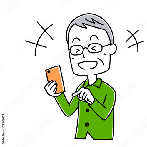 スマホを持った高齢男性のポーズ6