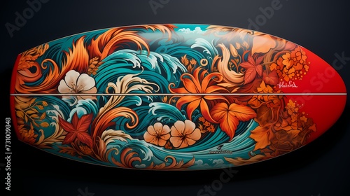 Top view of a custom surfboard mockup with vibrant artwork on a solid background