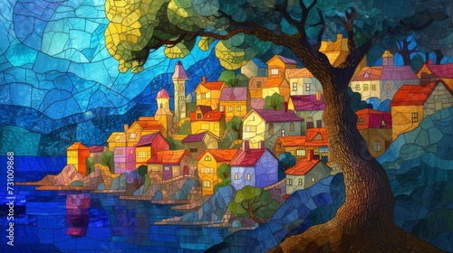 Stained glass window background with colorful city abstract.