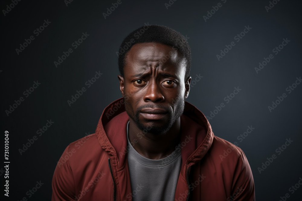 African man out of energy, bad news, disapproving expression on face. Social issues hunger and suffer concept. Sad tired African-American male man wearing hoodie on black studio isolated background African man out of energy, bad news, disapproving expression on face. Social issues hunger and suffer concept. Sad tired African-American male man wearing hoodie on black studio isolated background