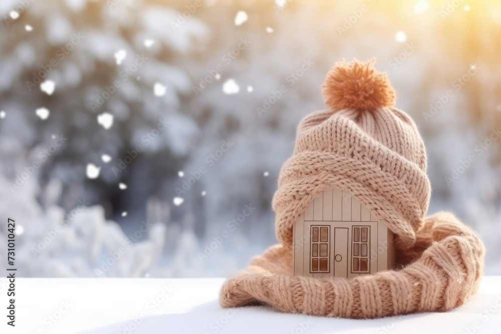 Wooden toy winter house with hat. Keeping warm concept Wooden toy winter house with hat. Keeping warm concept