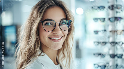 A cheerful young optometrist with stylish eyeglasses in an eyewear store, representing professional vision care.