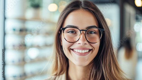 A cheerful young optometrist with stylish eyeglasses in an eyewear store, representing professional vision care. © Kowit