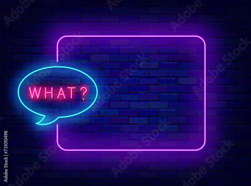 Question neon advertising. Quiz time and trivia show. Empty purple frame and what text. Vector stock illustration