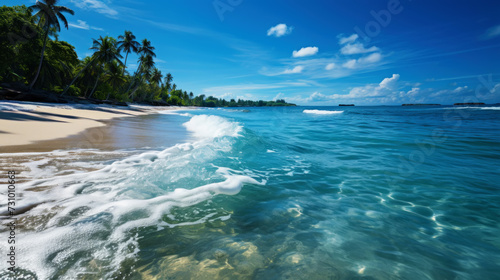 Photo of a beautiful beach with white sand and turquoise sea waves on a sandy beach. Tropical background. Generative AI