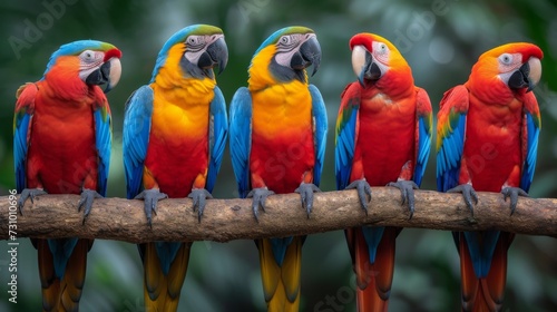 Colorful Macaws  Vibrant and exotic macaws perched on a branch  displaying their colorful plumage