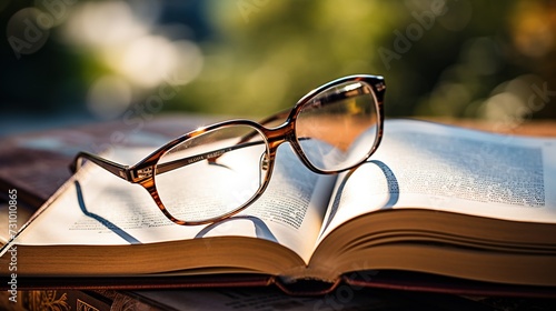 glasses on opened book on the table.
