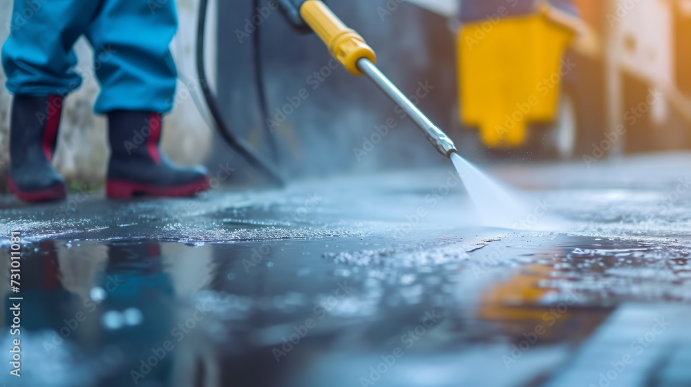 Fototapeta premium Deep cleaning under high pressure. Workers cleaning driveway with pressure washer, professional cleaning service