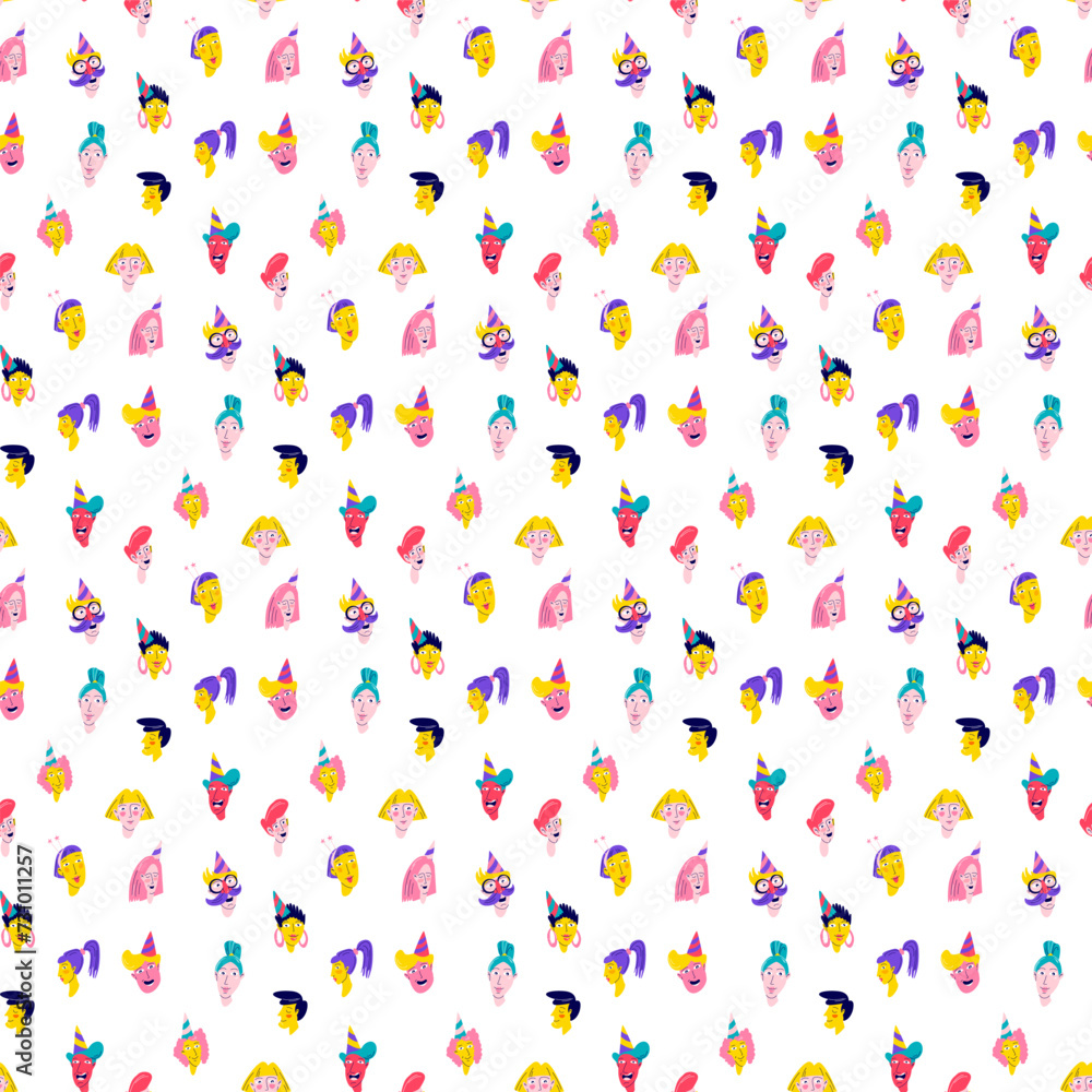 Colorful Party Faces Seamless Pattern. Vibrant Cartoon Collage in Pop Art Style.