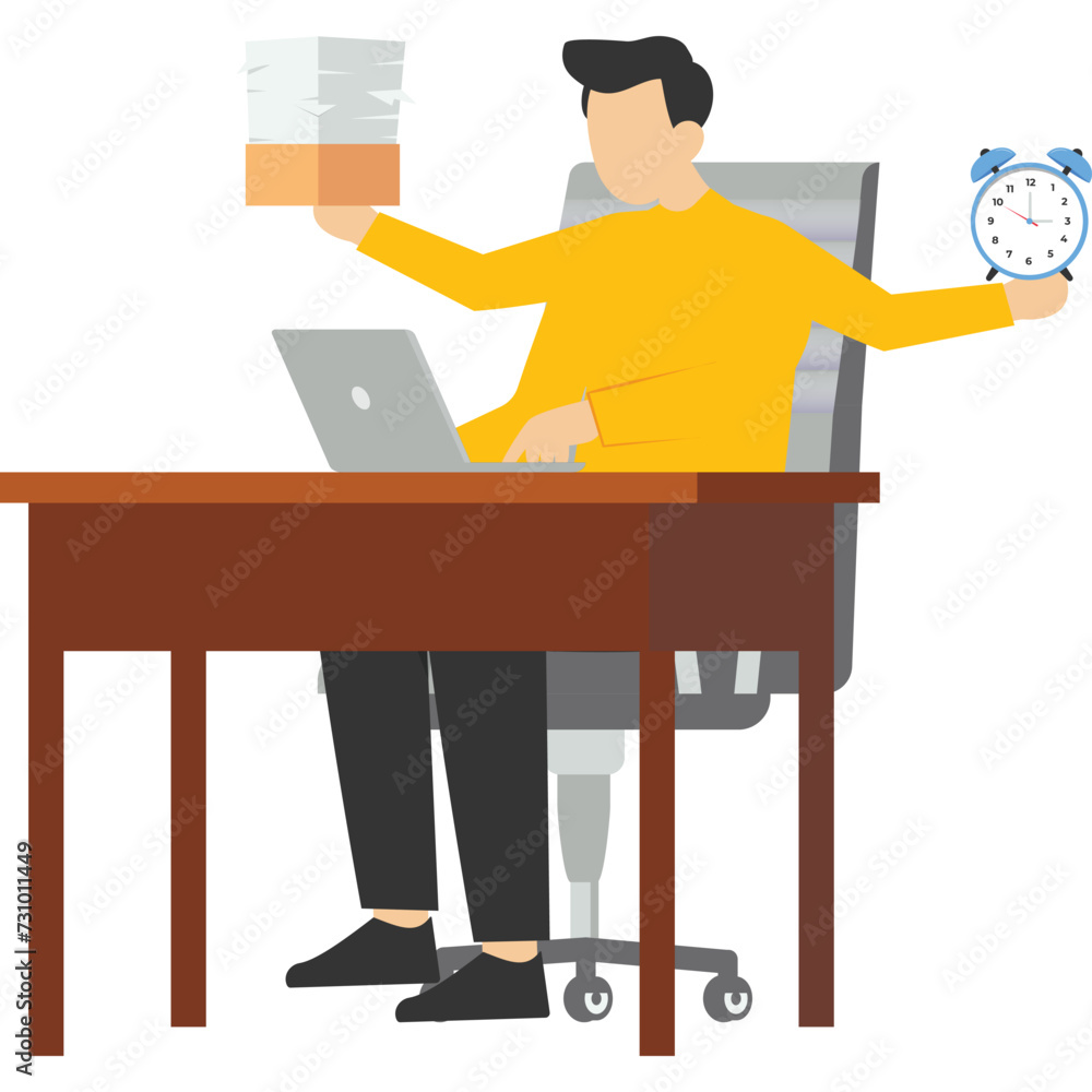 Workaholic, overworked, lots of documents concept, businessman busy multitasking or tired and tired from overwork, workaholic businessman working hard at his office desk with work papers.