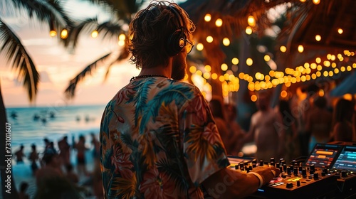 Trendy DJ with a stylish hairstyle spins tunes at a beach party, plays music in a resort hotel at sunset. Seaside vibes, palm trees, relaxed atmosphere, Hawaiian shirt