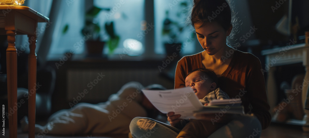 Single Mom holding a of job application with baby sleep on lap at home in the evening - obrazy, fototapety, plakaty 