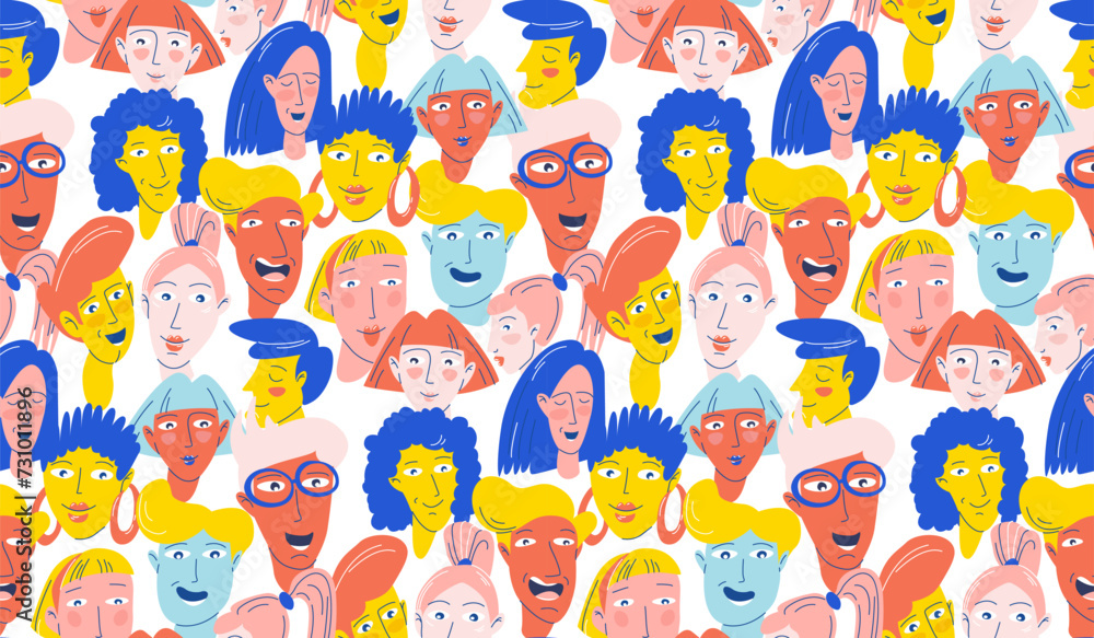 Vibrant Cartoon Faces Collage in Pop Art Style. Diverse Faces Seamless Pattern in Bold vibrant Colors Vibrant Cartoon Faces Collage in Pop Art Style. Diverse Faces Seamless Pattern in Bold vibrant Colors