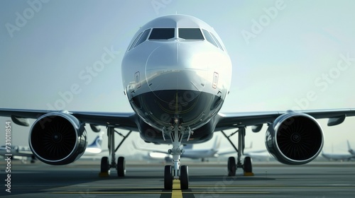 Passenger plane front shot, scene above the ground, front angle photo, industrial angle.