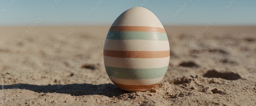 artistic striped easter egg on a sandy beach background, blank canvas, wallpaper, greeting card mock-up 