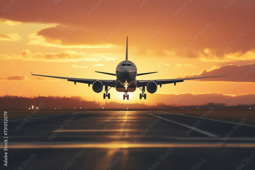 Side View of A plane taking off from airport runway, Sunset background ...