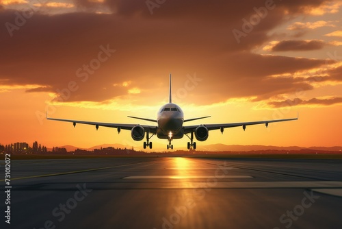 Side View of A plane taking off from airport runway, Sunset background.