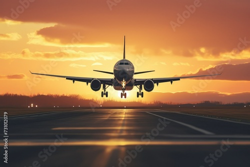 Side View of A plane taking off from airport runway, Sunset background.