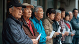 People wait in line outside a tax office holding tax document
