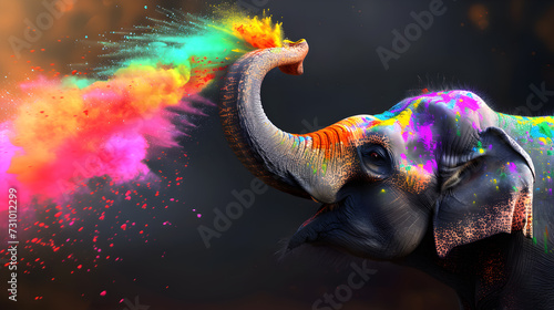 Obraz na płótnie Majestic elephant is throwing colored powder from his trunk - Format 16:9 w salonie