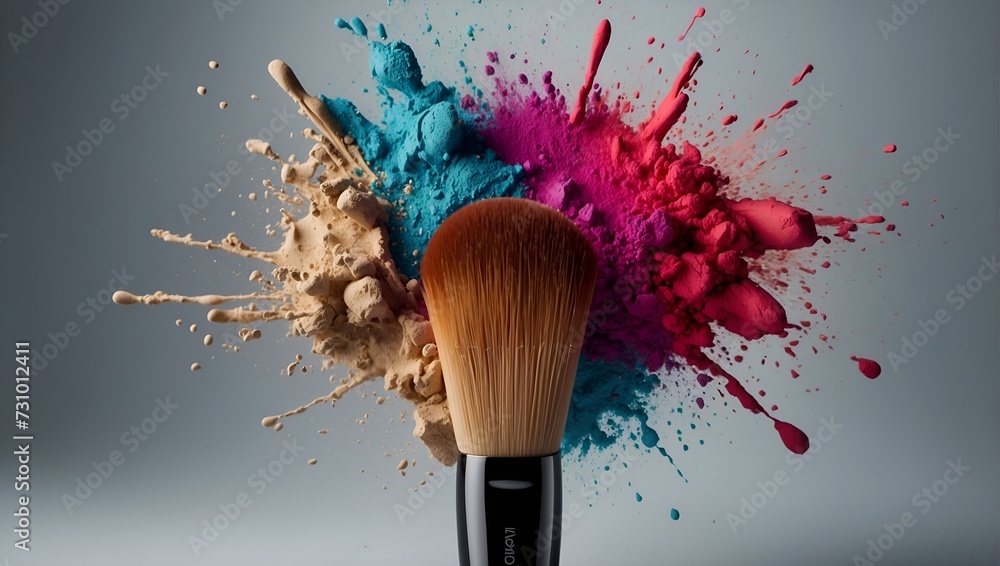Obraz colorful powder dust splashes, artistic high fashion photography, makeup brush with powder explosion