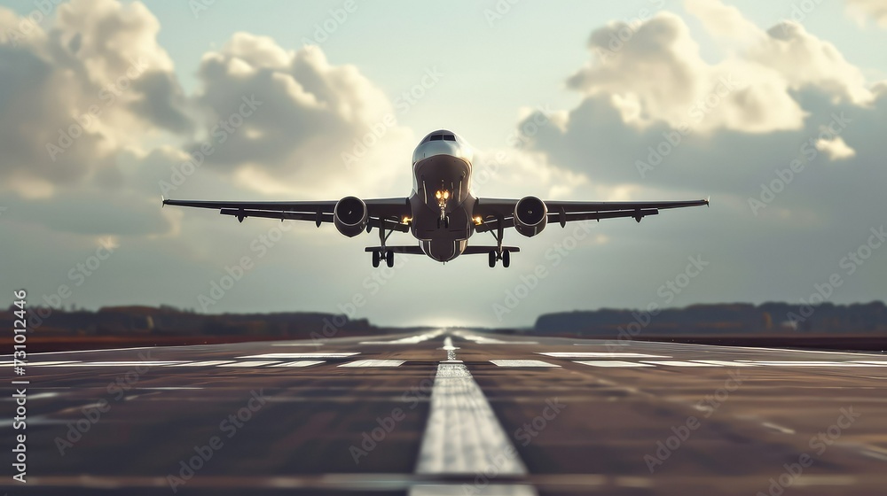 Fototapeta premium Zoomed out low perspective shot of airplane landing on runway mid day.