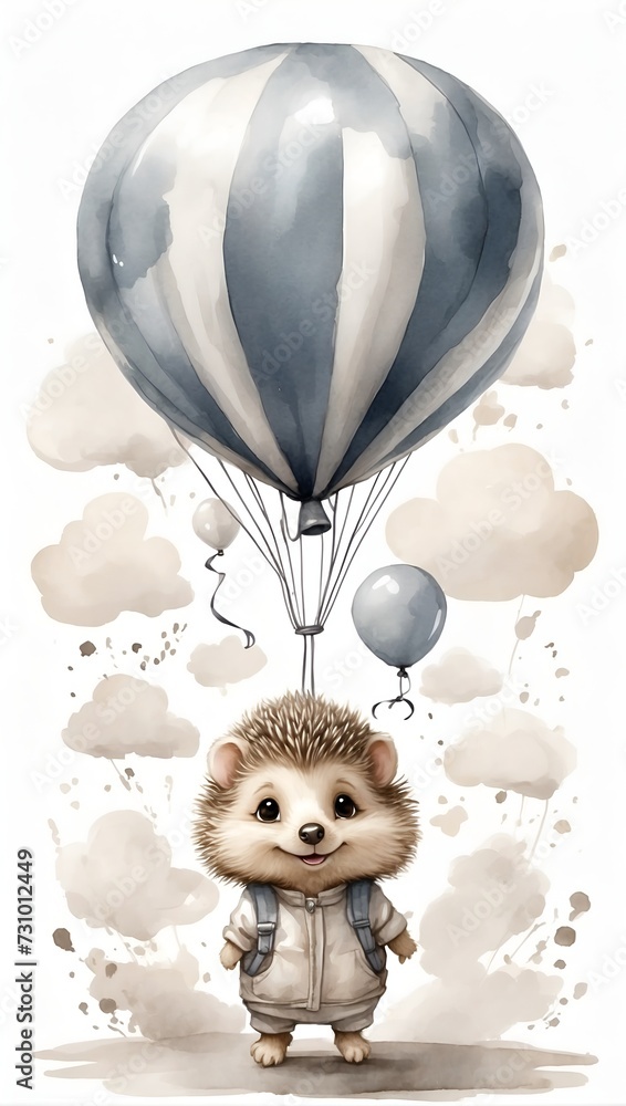 Obraz premium flying mouse with balloons, ink wash painting, watercolor painting, poster, baby room wall
