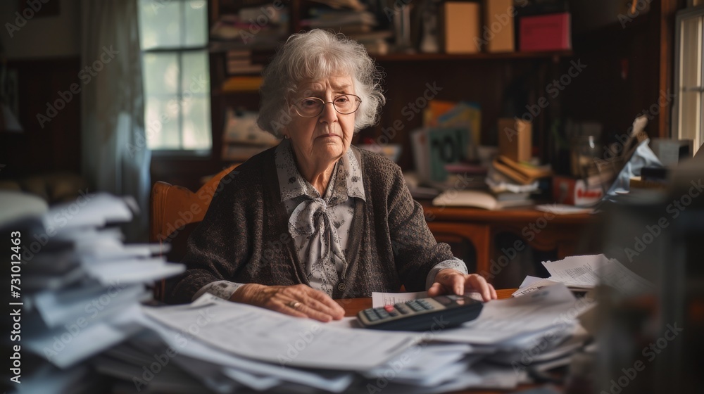 Old woman with unopened mail sitting alone with a calculator and tax forms