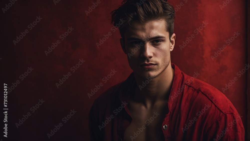 portrait of a very handsome shirtless man, 20 years old, red valentine background, red hearts, love