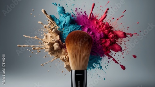 colorful powder dust splashes, artistic high fashion photography, makeup brush with powder explosion photo