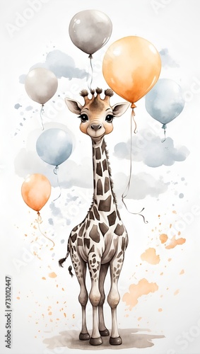 flying giraffe with balloons, ink wash painting, watercolor 