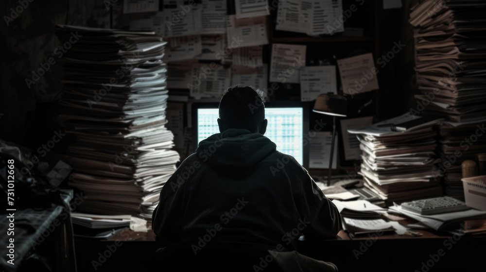 a man working on tax paperwork in a dark room with stacks of overdue bills a man working on tax paperwork in a dark room with stacks of overdue bills