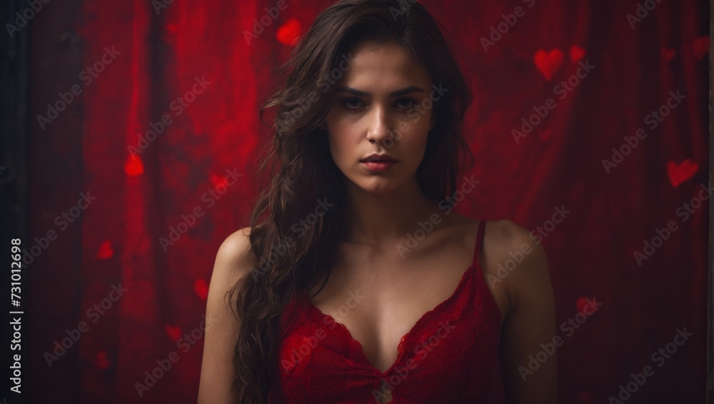 portrait of a brunette in red, 20 years old sexy woman, valentine's day background, girl with red hearts and roses portrait of a brunette in red, 20 years old sexy woman, valentine's day background, girl with red hearts and roses