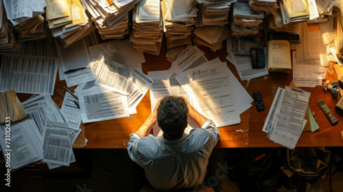 man do tax paperwork with stacks of documents calculating personal income tax photo