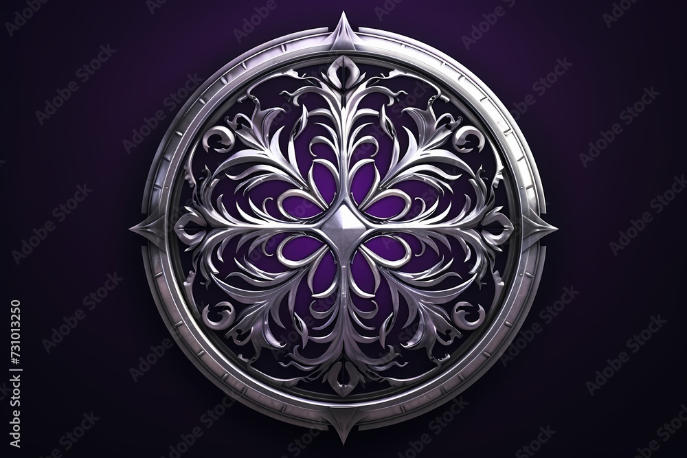 Minimalistic silver emblem with intricate details, isolated on a deep purple background. Minimalistic silver emblem with intricate details, isolated on a deep purple background.