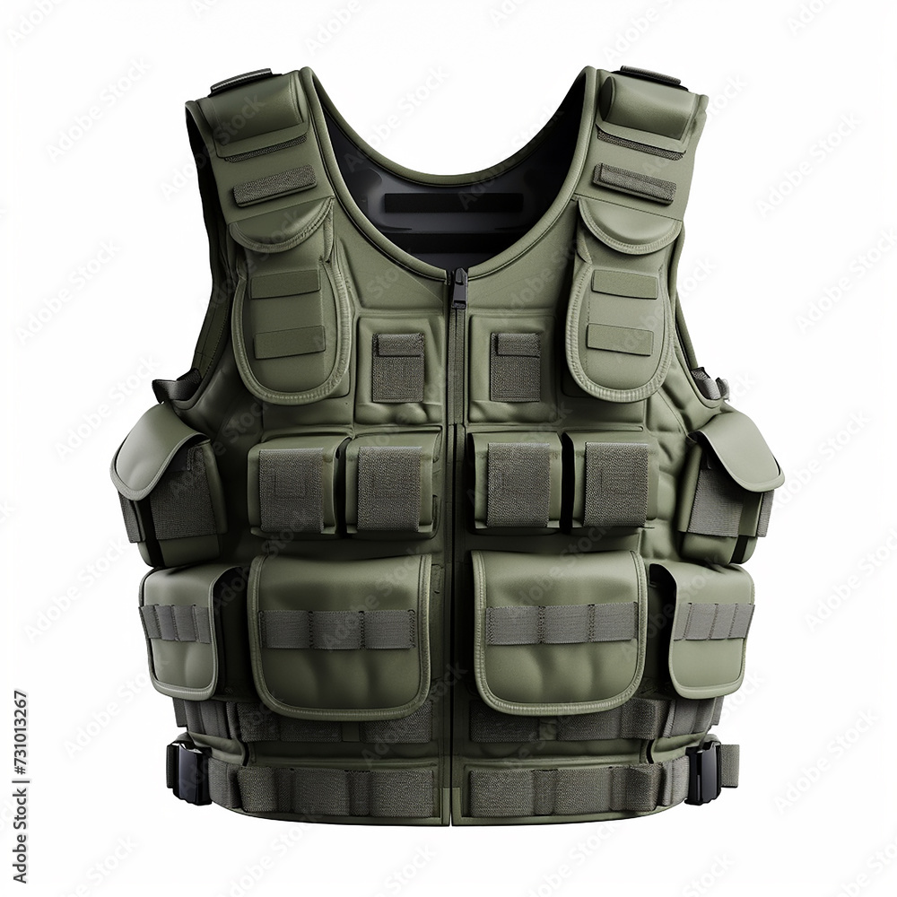 military uniform or tactical vest isolated on a white background alongside various clothing items like shirts, vests, and sweaters , generative ai military uniform or tactical vest isolated on a white background alongside various clothing items like shirts, vests, and sweaters , generative ai