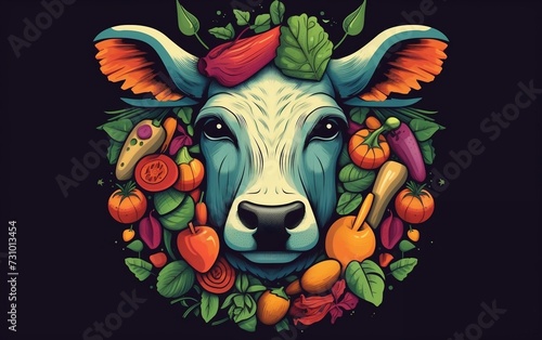 Cow Surrounded by Vegetables and Fruits