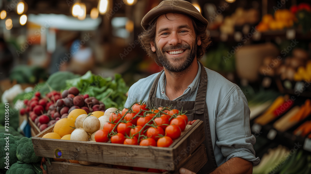Close-up portrait young man farmer holding wooden box with fresh vegetables, sell products at the market or shop