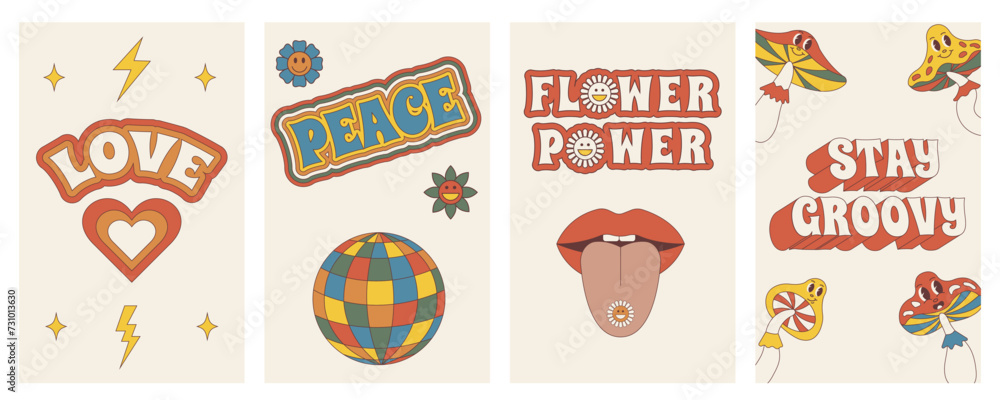 Groovy posterss. Set of posters in trendy retro trippy style. Hippie 60s, 70s style.
