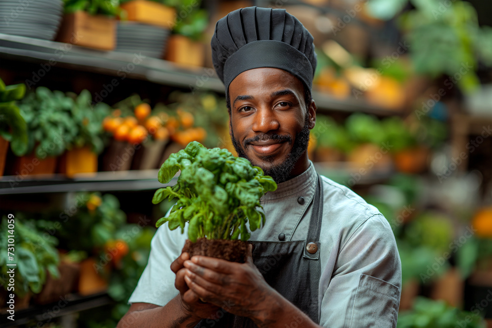 Chef holding fresh vegetable plant in restaurant Chef holding fresh vegetable plant in restaurant