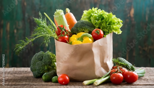 fresh vegetables on a wooden background in a craft paper bag