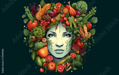 Womans Face Surrounded by Fresh Fruits and Vegetables