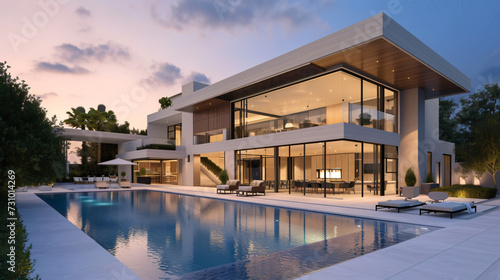 Impressive Modern Mansion with Pool at Dusk. © Elysium