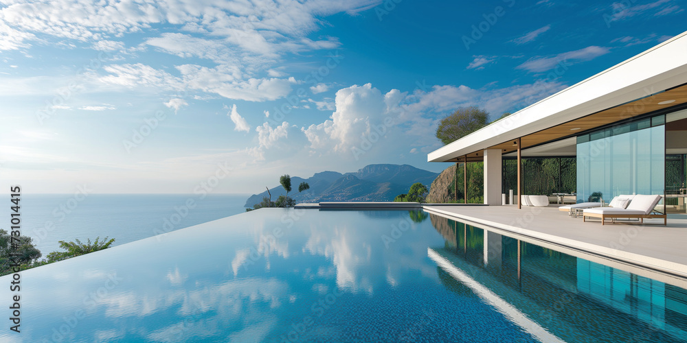 Contemporary villa with an infinity pool and a stunning view of the sea and sky.