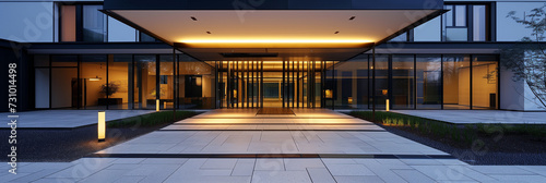 Modern building entrance with illuminated canopy and glass doors during twilight. photo
