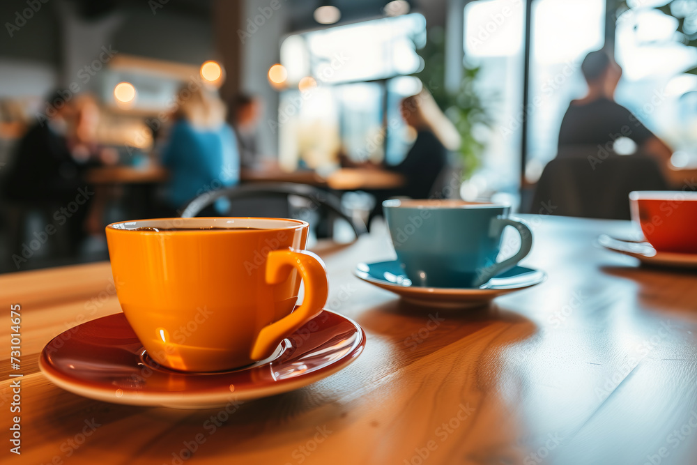 Fototapeta premium Warm Ambiance in Cafe: Orange Coffee Cup with Casual Business Meetings in Background