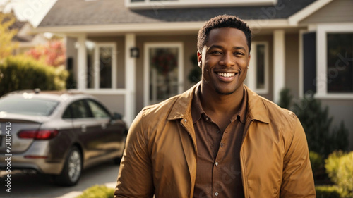 Successful African American male real estate agent standing in front of a contemporary home. photo