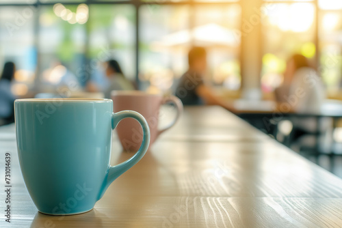 Calm Amidst the Crowd: Teal Mug in a Bustling Café Setting