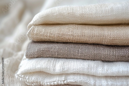 Closeup of a stack of linen fabric, natural product