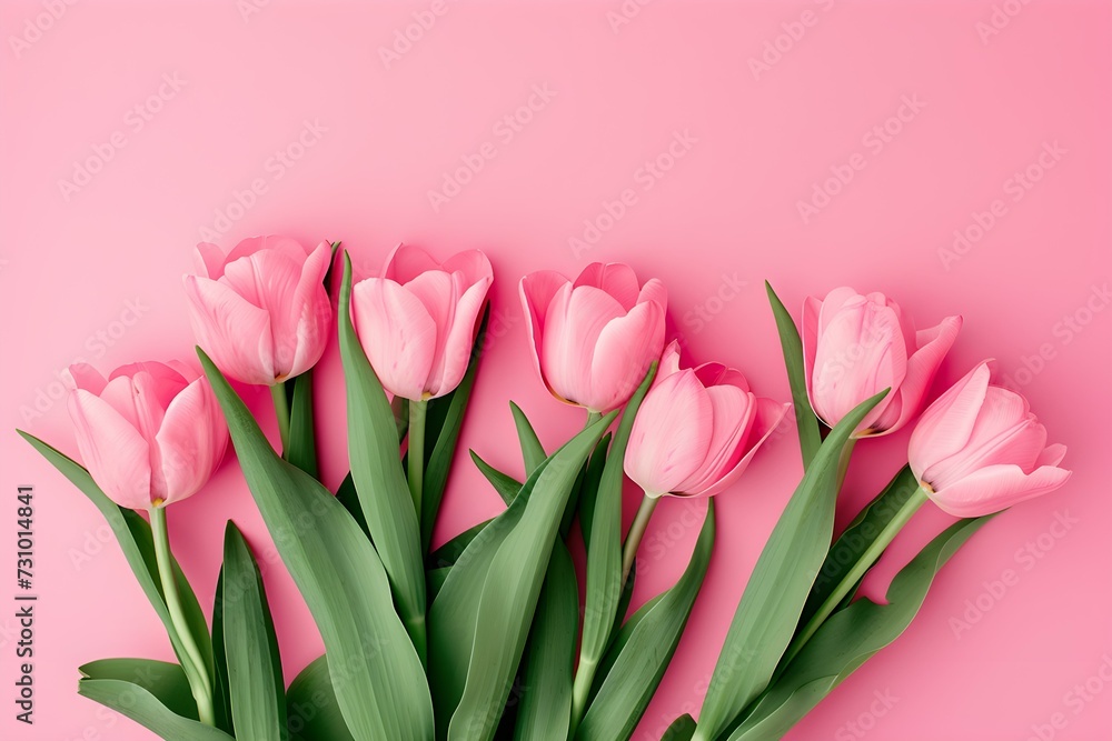 Beautiful Composition Spring Flowers. Bouquet of Pink Tulips Flowers on Pastel Pink Background. Valentine's Day, Easter, Birthday, Happy Women's Day, Mother's Day. Flat Lay, Top View, Copy Space. Beautiful Composition Spring Flowers. Bouquet of Pink Tulips Flowers on Pastel Pink Background. Valentine's Day, Easter, Birthday, Happy Women's Day, Mother's Day. Flat Lay, Top View, Copy Space.